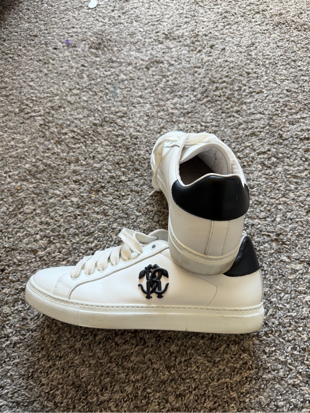 Roberto Cavalli White Leather Sneakers with Black Heel Tab and Black Logo